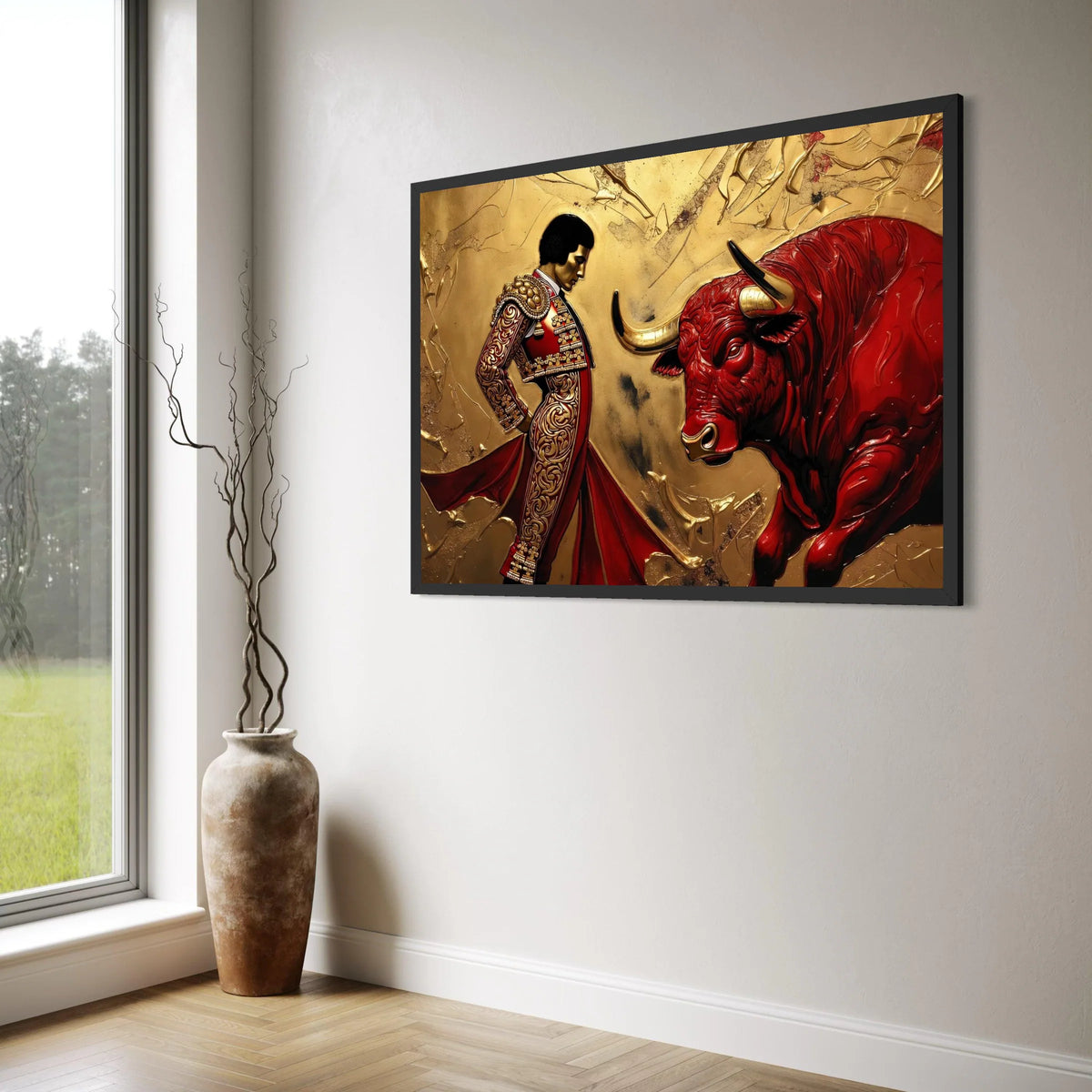 Bold Matador and Red Bull Canvas, Spanish Bullfighting Scene, Dramatic Animal Canvas Wall Art, Powerful Home Decor, Ready to Hang Print Art