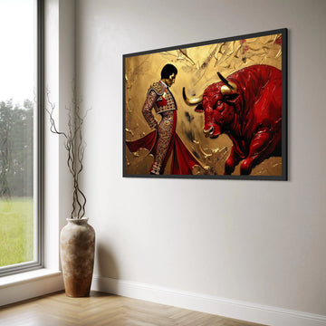 Bold Matador and Red Bull Canvas, Spanish Bullfighting Scene, Dramatic Animal Canvas Wall Art, Powerful Home Decor, Ready to Hang Print Art