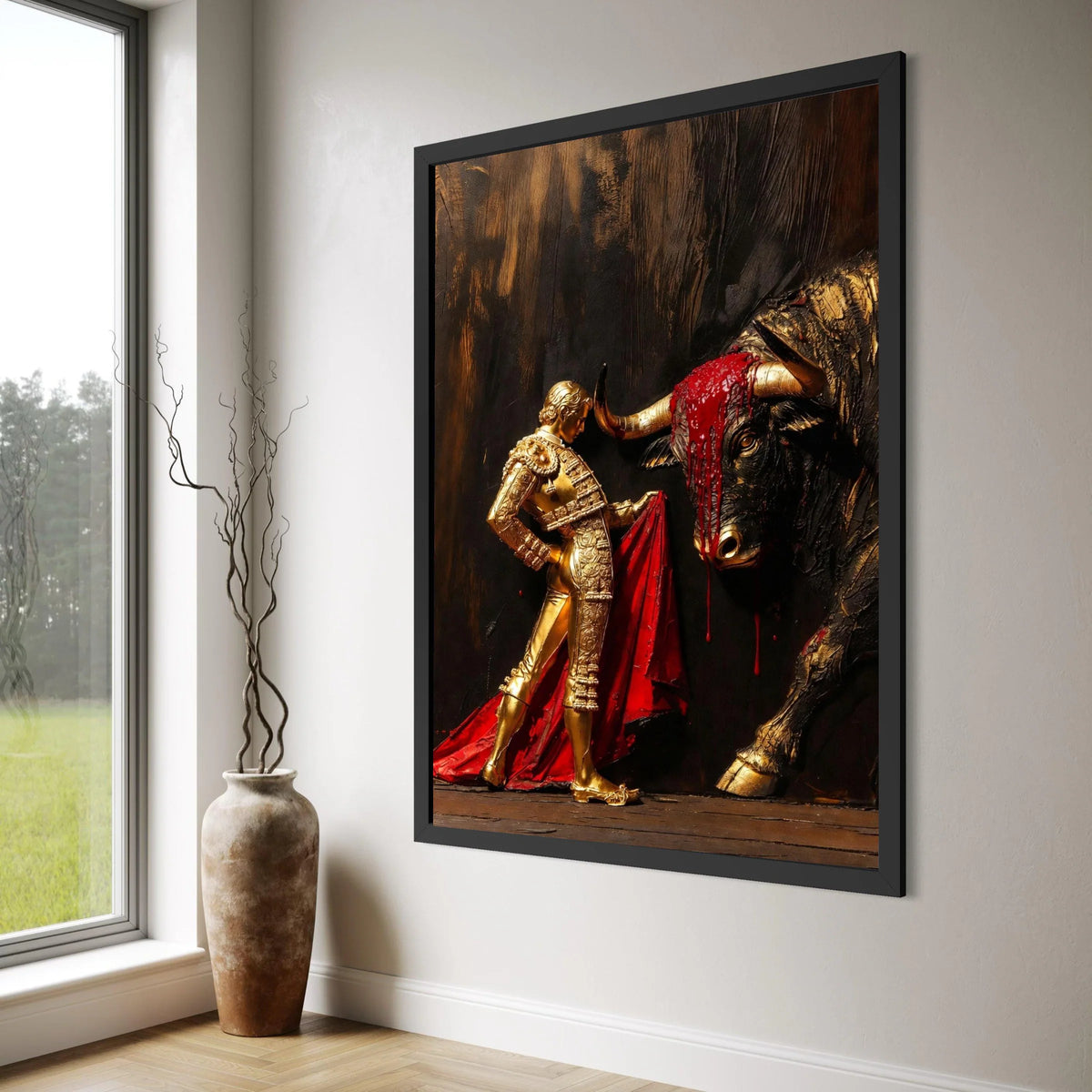 Bullfighter and Bull Canvas Wall Art, Golden Matador with Red Cape, Dramatic Bullfight Scene, Spanish Cultural Canvas, Home Decor Print Art