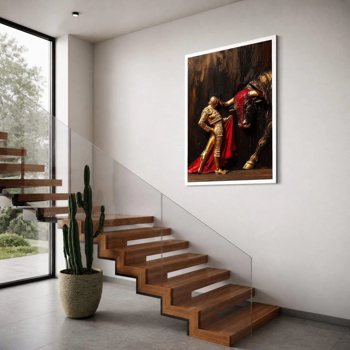 Bullfighter and Bull Canvas Wall Art, Golden Matador with Red Cape, Dramatic Bullfight Scene, Spanish Cultural Canvas, Home Decor Print Art