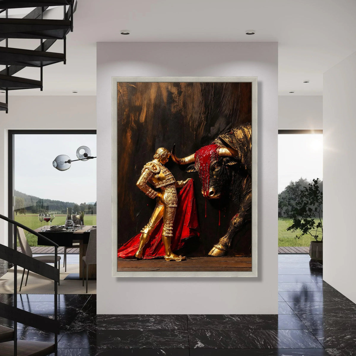 Bullfighter and Bull Canvas Wall Art, Golden Matador with Red Cape, Dramatic Bullfight Scene, Spanish Cultural Canvas, Home Decor Print Art