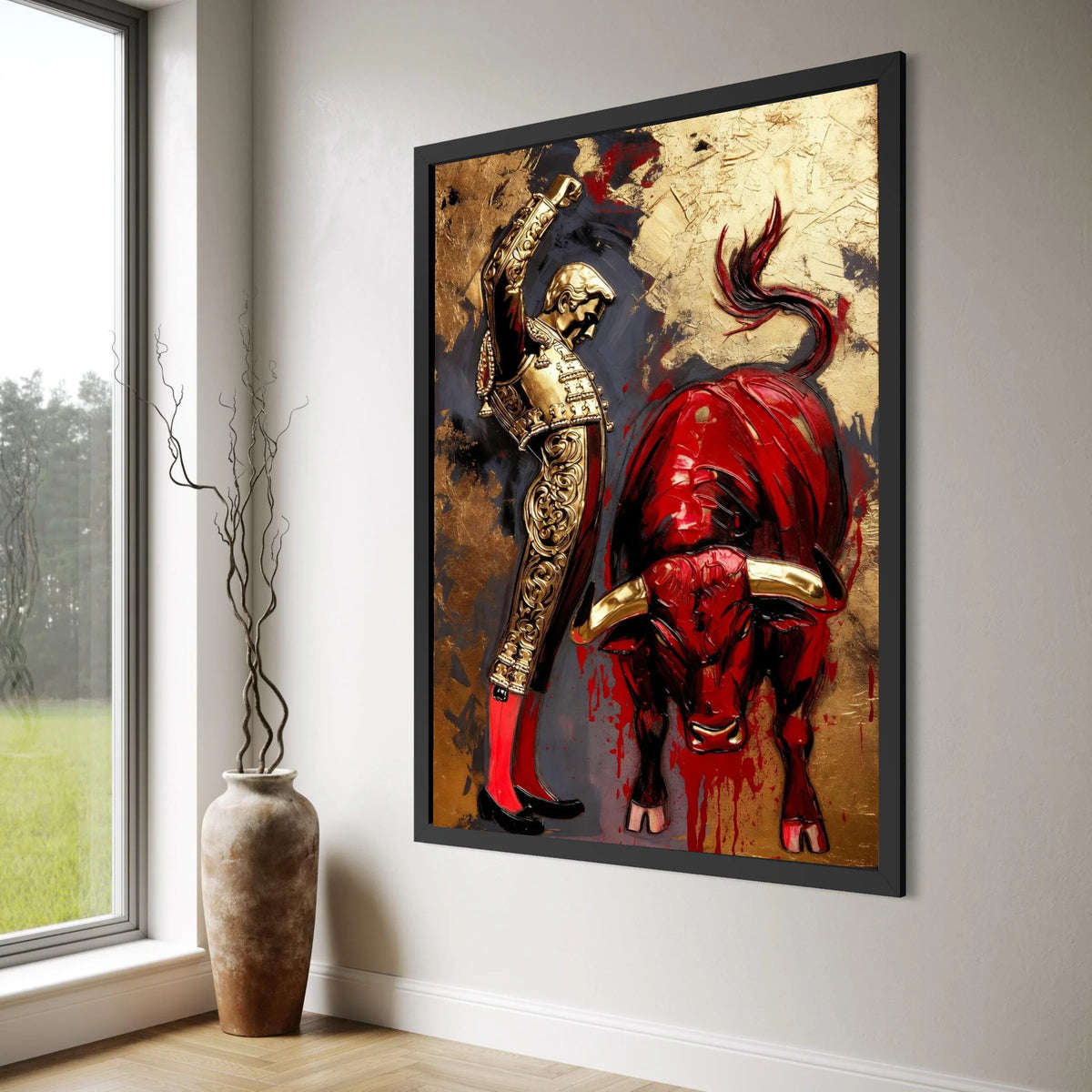 Bullfighter and Red Bull Canvas Wall Art, Spanish Matador Scene, Dramatic Animal and Man Illustration, Bold Home Decor Canvas Print Art
