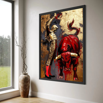 Bullfighter and Red Bull Canvas Wall Art, Spanish Matador Scene, Dramatic Animal and Man Illustration, Bold Home Decor Canvas Print Art