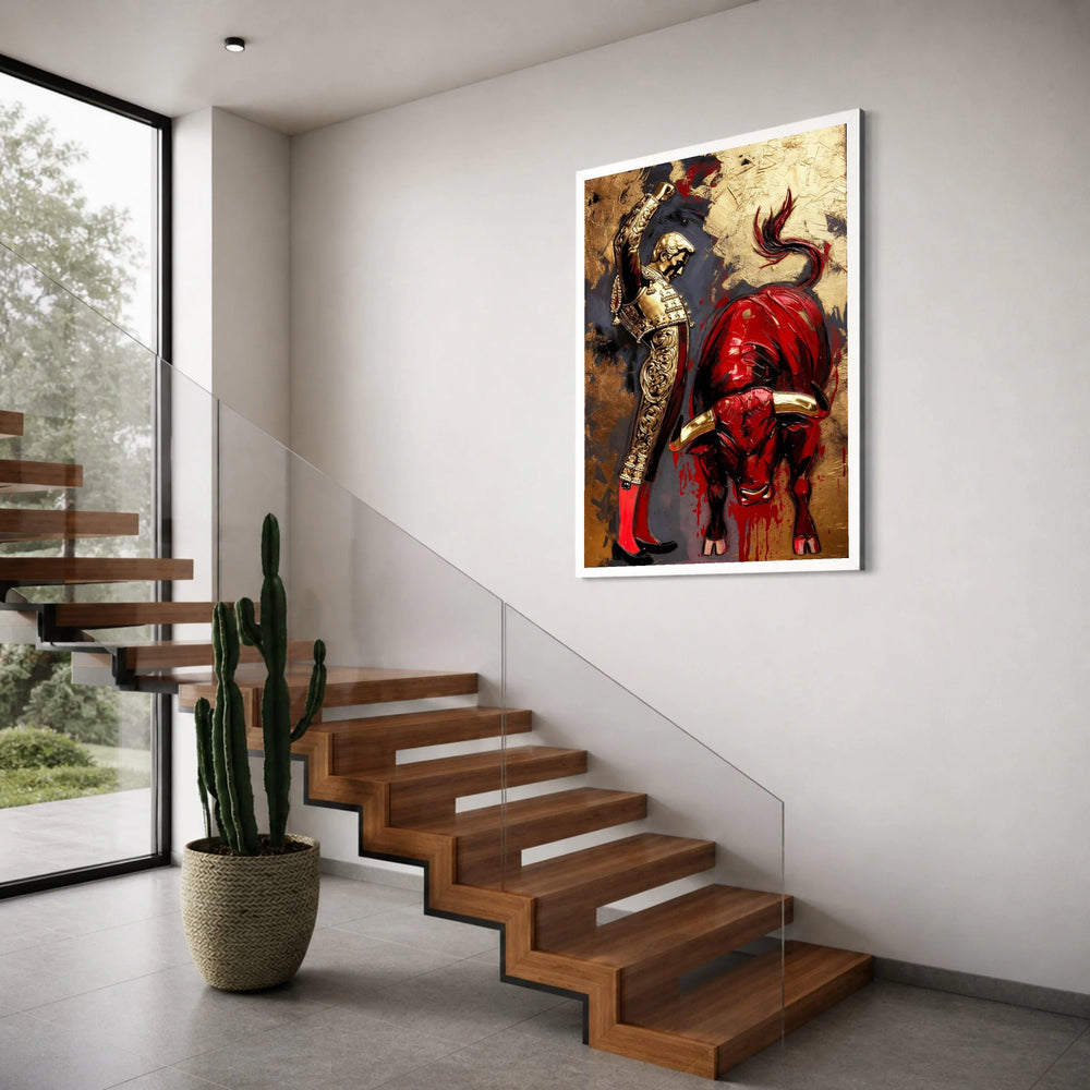 Bullfighter and Red Bull Canvas Wall Art, Spanish Matador Scene, Dramatic Animal and Man Illustration, Bold Home Decor Canvas Print Art