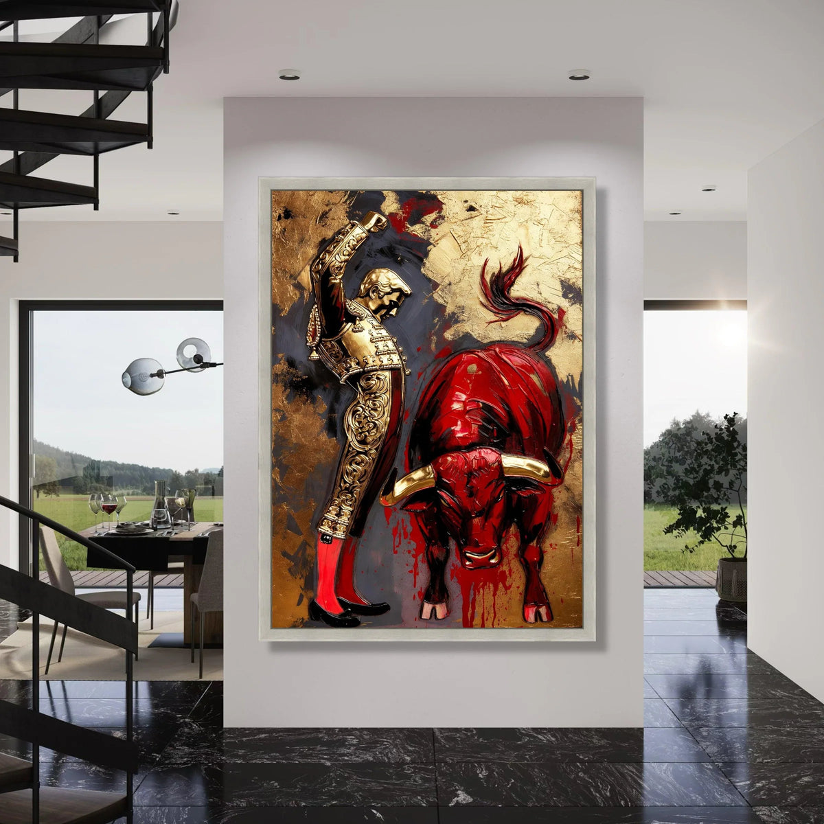 Bullfighter and Red Bull Canvas Wall Art, Spanish Matador Scene, Dramatic Animal and Man Illustration, Bold Home Decor Canvas Print Art