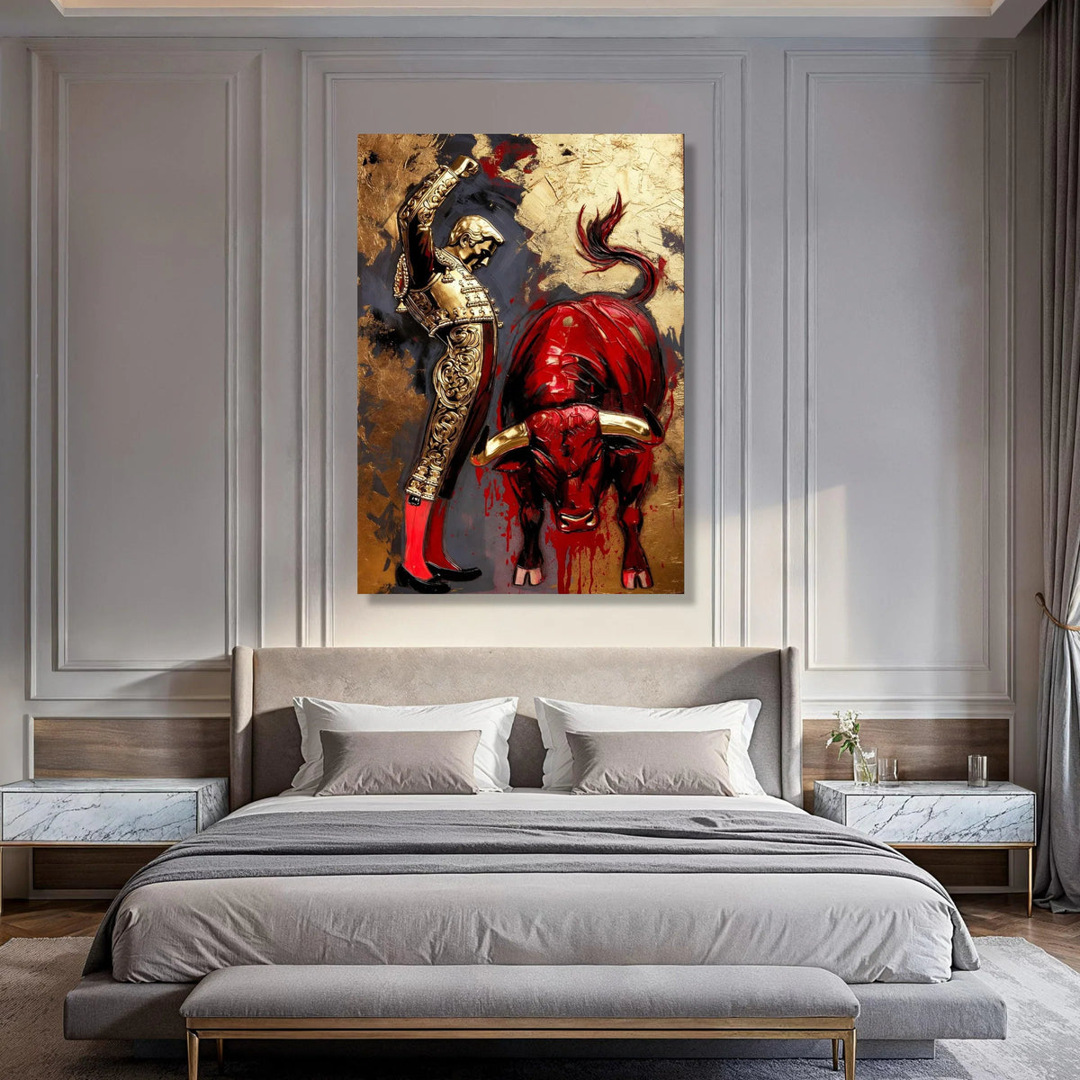 Bullfighter and Red Bull Canvas Wall Art, Spanish Matador Scene, Dramatic Animal and Man Illustration, Bold Home Decor Canvas Print Art