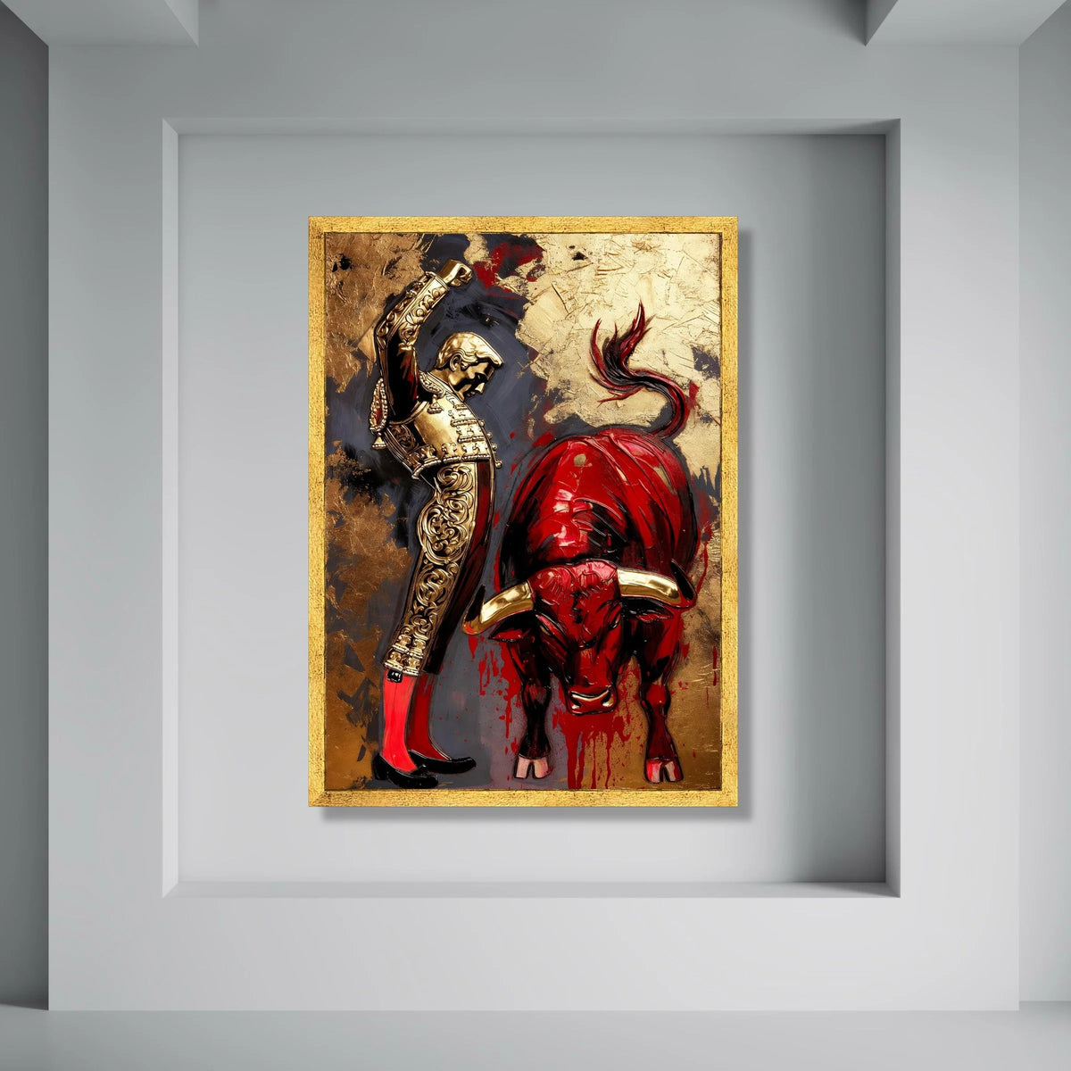 Bullfighter and Red Bull Canvas Wall Art, Spanish Matador Scene, Dramatic Animal and Man Illustration, Bold Home Decor Canvas Print Art