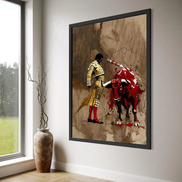 Bold Bullfighter Canvas Wall Art, Matador and Red Bull Illustration, Spanish Tradition Canvas, Dramatic Animal Art, Home Decor Print Art