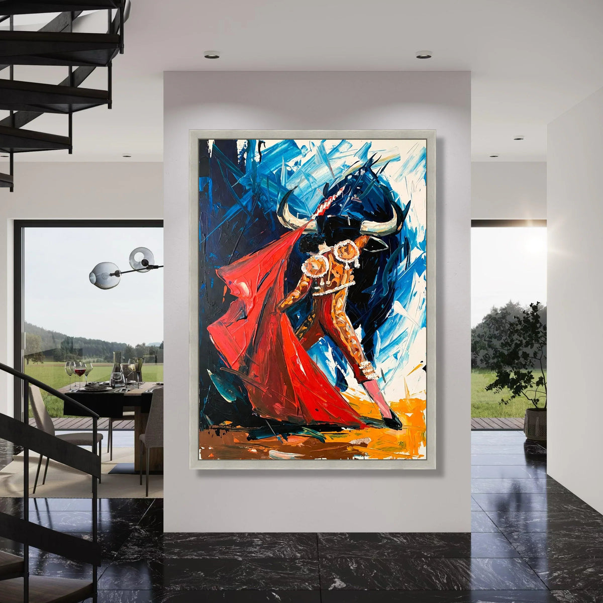 Vibrant Bullfighter Action Canvas, Red Cape Matador Wall Art, Spanish Cultural Canvas Decor, Dynamic Fiesta Canvas Painting Print Art