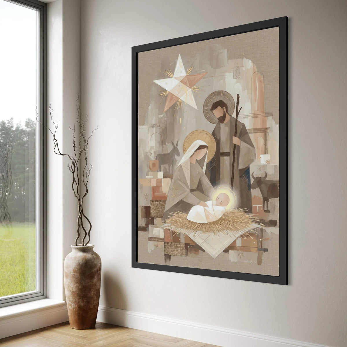 Nativity Scene Canvas Wall Art, Holy Family Illustration, Christmas Canvas Decor, Religious Canvas Painting, Manger Scene Wall Art Print Art