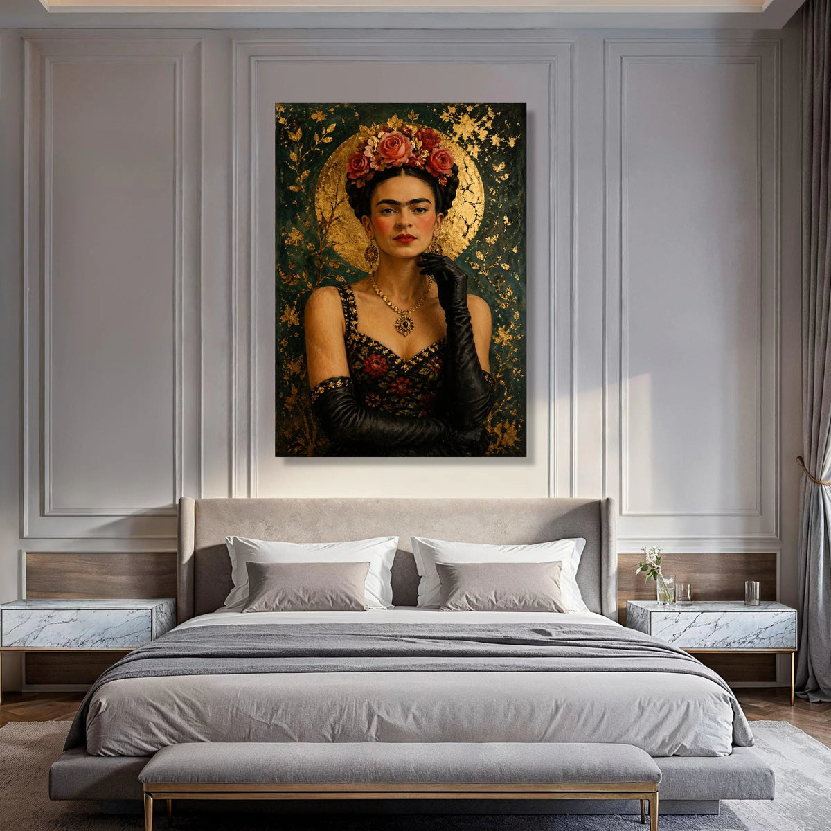 Elegant Frida Kahlo Portrait Canvas, Floral Crown Wall Art, Vintage Glamour Canvas, Mexican Icon Canvas, Decorative Home Art Print Art