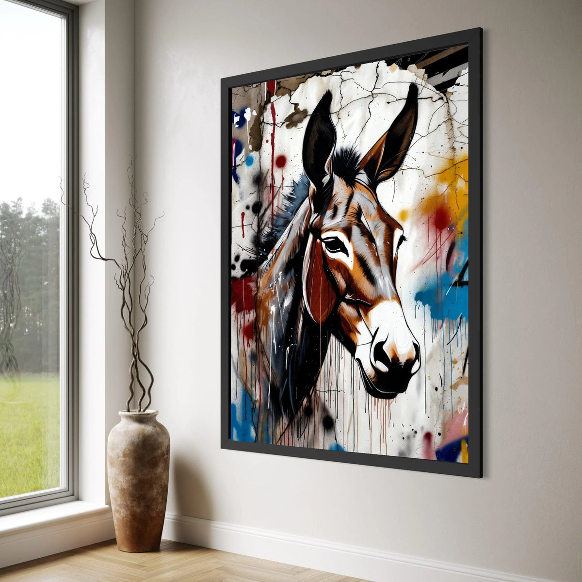 Rustic Donkey Portrait Canvas, Urban Graffiti Wall Art, Animal Head Illustration, Abstract Nature Canvas, Modern Farmhouse Decor Print Art