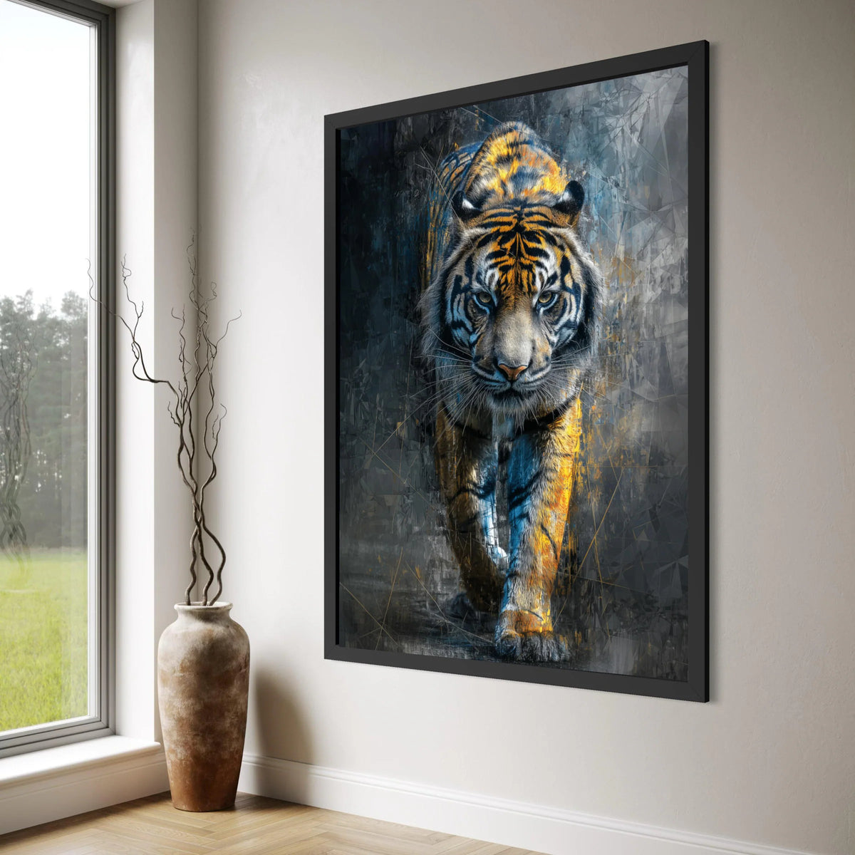 Majestic Tiger Walking Canvas, Wildlife Animal Wall Art, Fierce Jungle Decor, Modern Nature Illustration, Ready to Hang Canvas Print Art