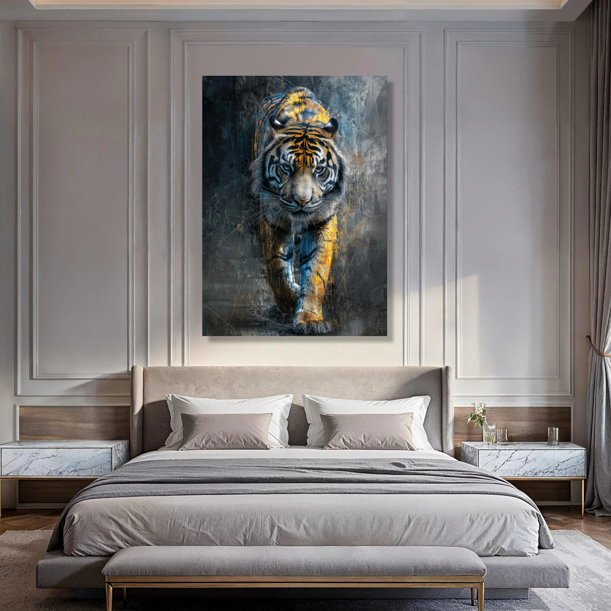 Majestic Tiger Walking Canvas, Wildlife Animal Wall Art, Fierce Jungle Decor, Modern Nature Illustration, Ready to Hang Canvas Print Art