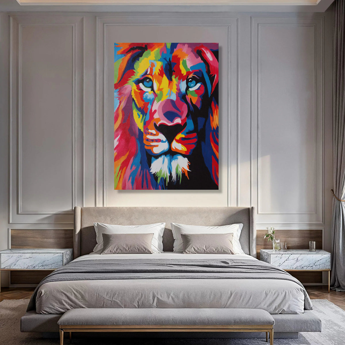 Vibrant Lion Portrait Canvas, Colorful Animal Wall Art, Modern Wildlife Decoration, Bold Lion Face Print, Ready to Hang Canvas Print Art