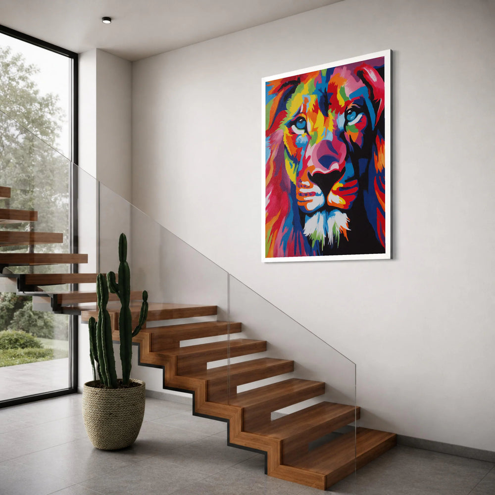 Vibrant Lion Portrait Canvas, Colorful Animal Wall Art, Modern Wildlife Decoration, Bold Lion Face Print, Ready to Hang Canvas Print Art