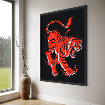 Fierce Red Tiger Canvas Wall Art, Roaring Tiger Illustration, Bold Animal Print Canvas, Modern Wildlife Decoration Print Art