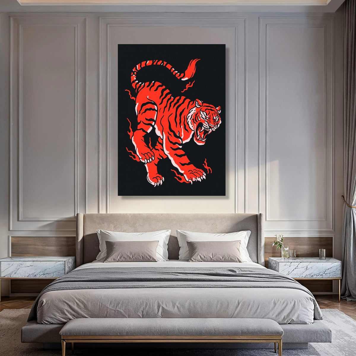 Fierce Red Tiger Canvas Wall Art, Roaring Tiger Illustration, Bold Animal Print Canvas, Modern Wildlife Decoration Print Art