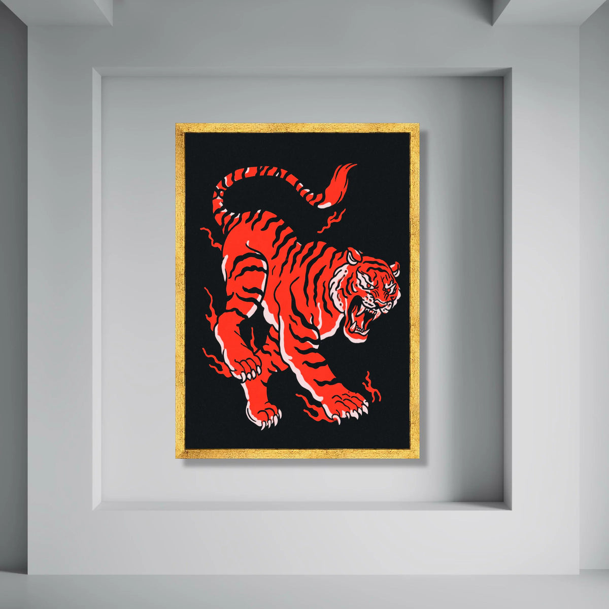 Fierce Red Tiger Canvas Wall Art, Roaring Tiger Illustration, Bold Animal Print Canvas, Modern Wildlife Decoration Print Art