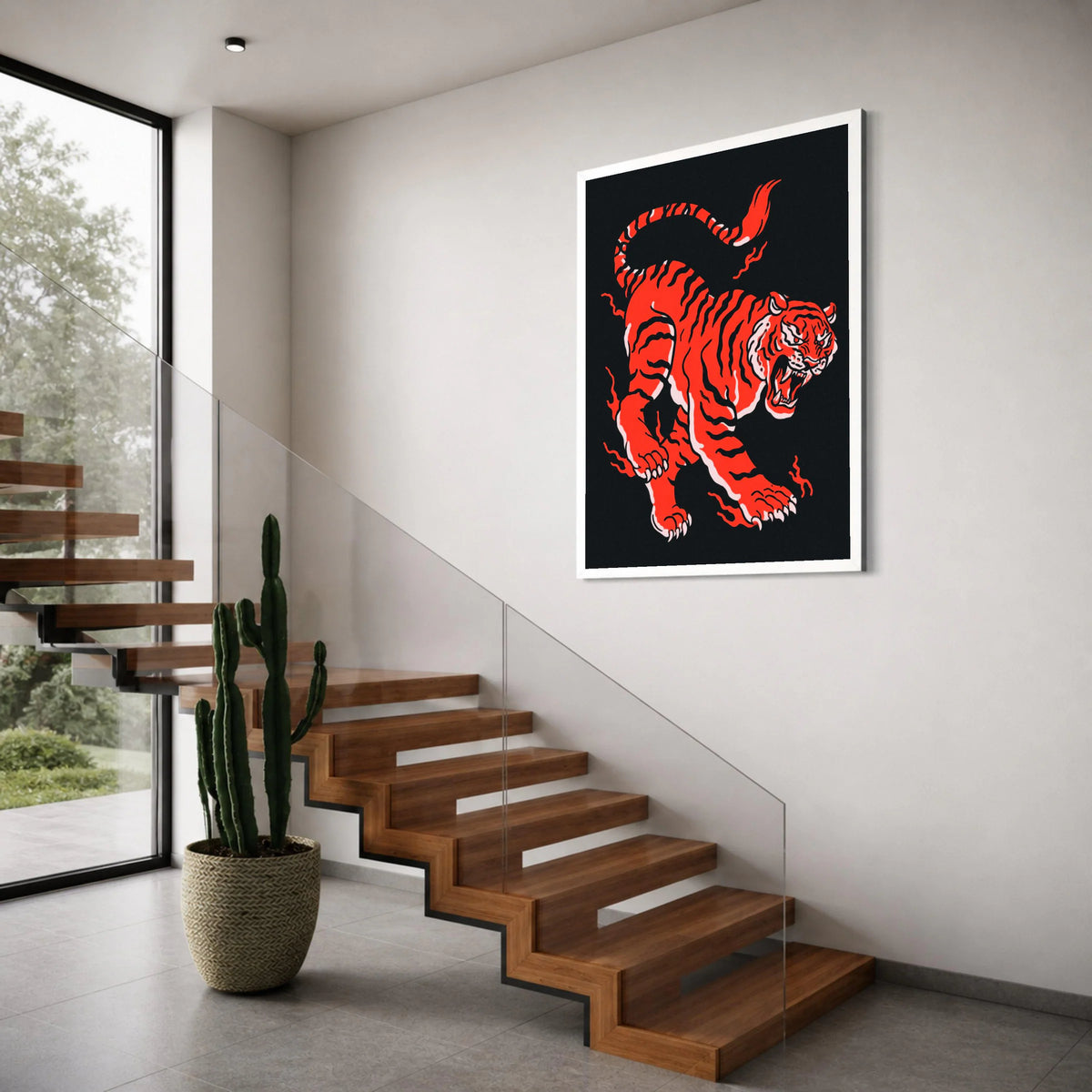 Fierce Red Tiger Canvas Wall Art, Roaring Tiger Illustration, Bold Animal Print Canvas, Modern Wildlife Decoration Print Art