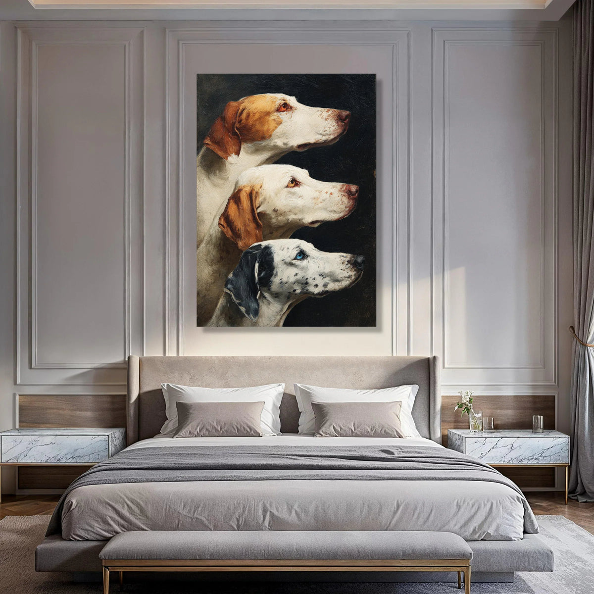 Three Hunting Dogs Portrait Canvas, Classic Canine Wall Art, Animal Face Close-Up, Rustic Pet Canvas Decoration, Country Home Print Art