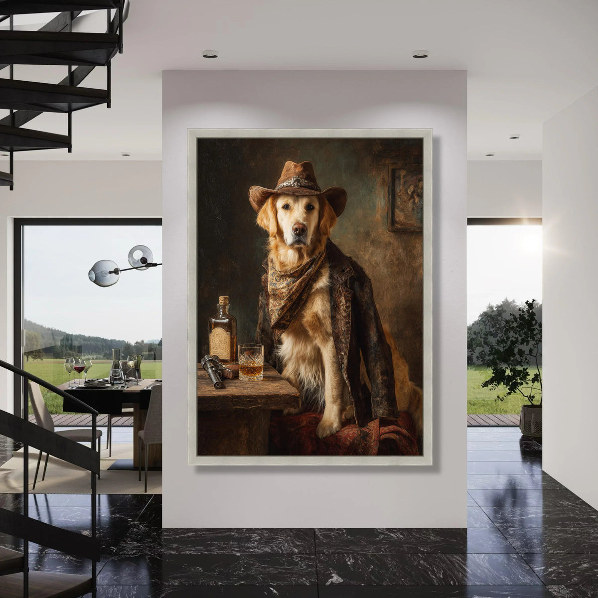 Western Cowboy Dog Canvas Wall Art, Golden Retriever Portrait, Rustic Home Decor, Vintage Style Canine Art, Wild West Animal Print Print Art