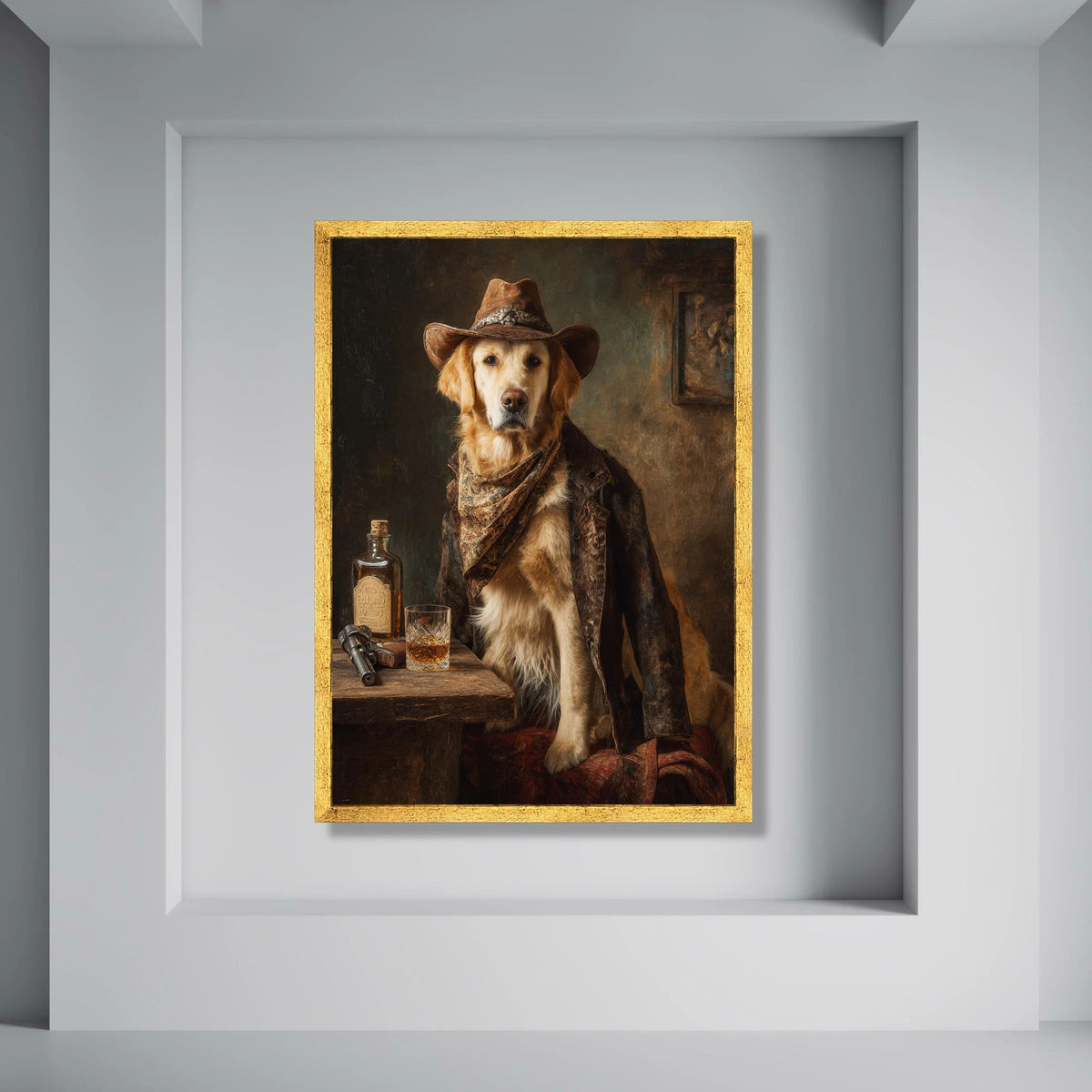 Western Cowboy Dog Canvas Wall Art, Golden Retriever Portrait, Rustic Home Decor, Vintage Style Canine Art, Wild West Animal Print Print Art