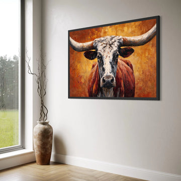 Rustic Longhorn Bull Canvas Wall Art, Western Ranch Animal Portrait, Farmhouse Decor, Vibrant Orange Background, Ready to Hang Print Art