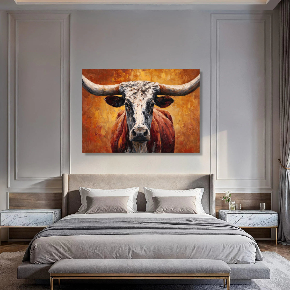 Rustic Longhorn Bull Canvas Wall Art, Western Ranch Animal Portrait, Farmhouse Decor, Vibrant Orange Background, Ready to Hang Print Art