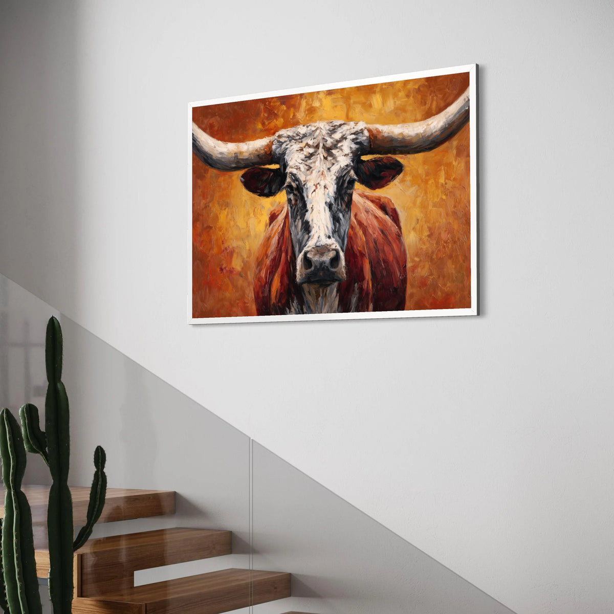 Rustic Longhorn Bull Canvas Wall Art, Western Ranch Animal Portrait, Farmhouse Decor, Vibrant Orange Background, Ready to Hang Print Art
