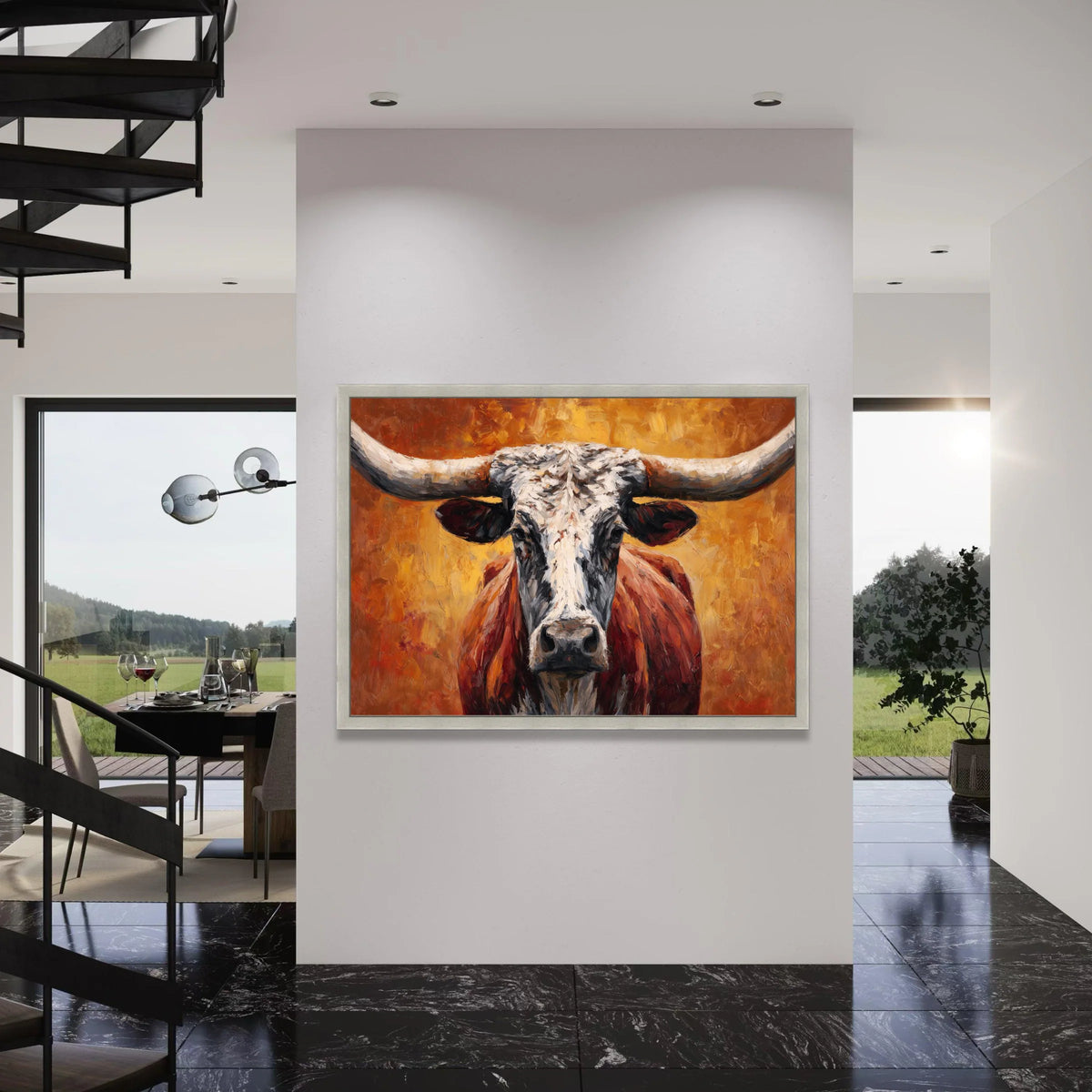 Rustic Longhorn Bull Canvas Wall Art, Western Ranch Animal Portrait, Farmhouse Decor, Vibrant Orange Background, Ready to Hang Print Art