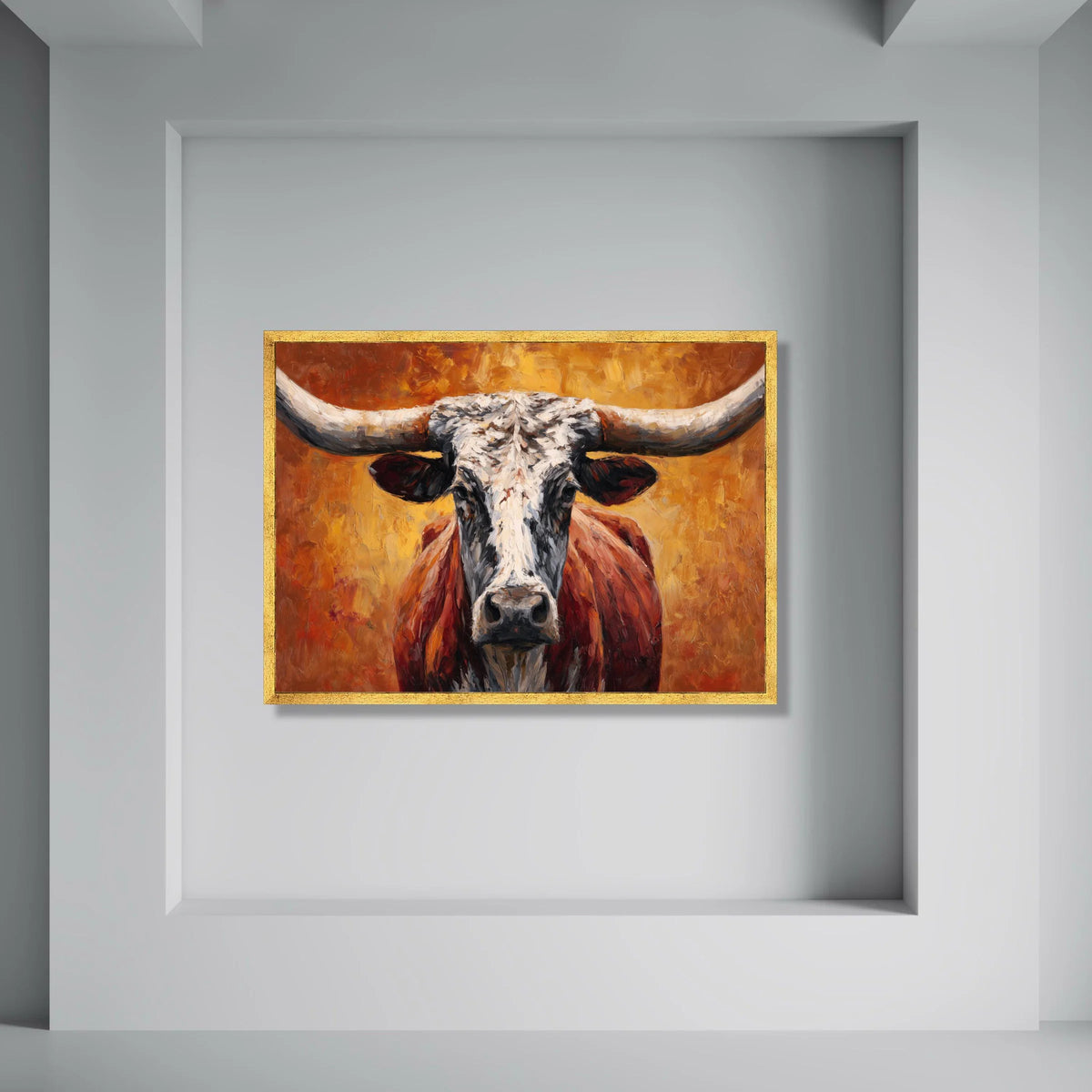 Rustic Longhorn Bull Canvas Wall Art, Western Ranch Animal Portrait, Farmhouse Decor, Vibrant Orange Background, Ready to Hang Print Art