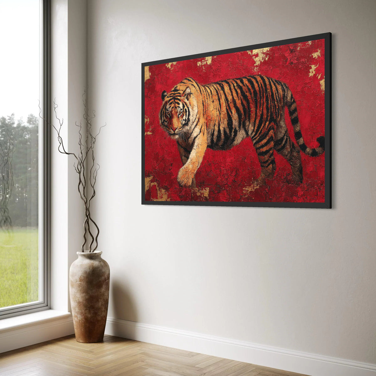 Majestic Tiger Canvas Wall Art, Bold Animal Portrait, Red and Gold Background, Wildlife Home Decoration, Ready to Hang Canvas Print Art