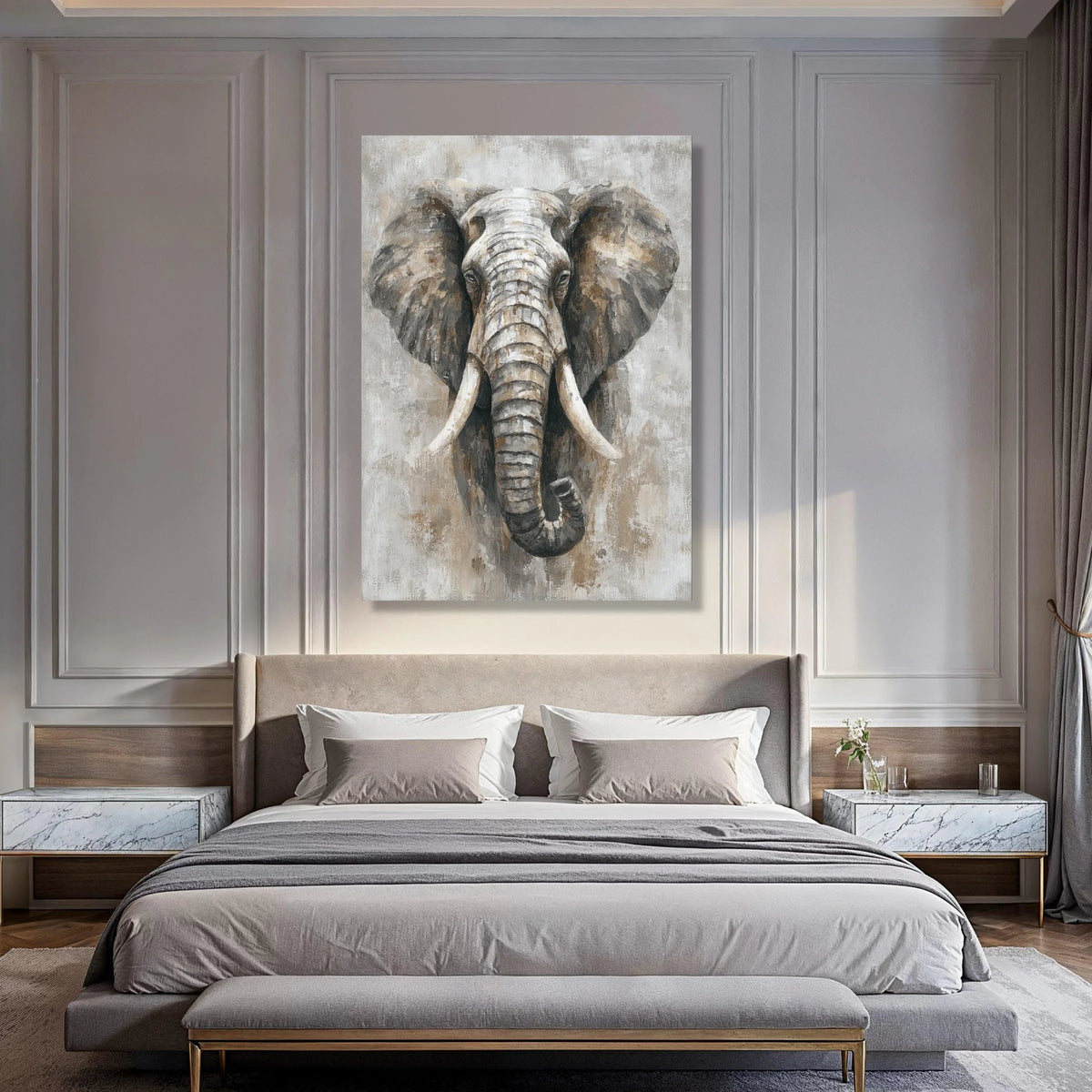 Majestic Elephant Portrait Canvas, Wildlife Animals Wall Art, Safari Animal Head Canvas, Neutral Tones Home Decoration, Large Wall Print Art