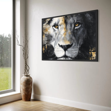 Majestic Lion Portrait Canvas, Bold Animal Face Wall Art, Black Gold White Decor, Fierce Wildlife Canvas, Modern Home Decoration Print Art