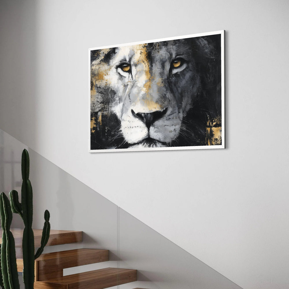 Majestic Lion Portrait Canvas, Bold Animal Face Wall Art, Black Gold White Decor, Fierce Wildlife Canvas, Modern Home Decoration Print Art