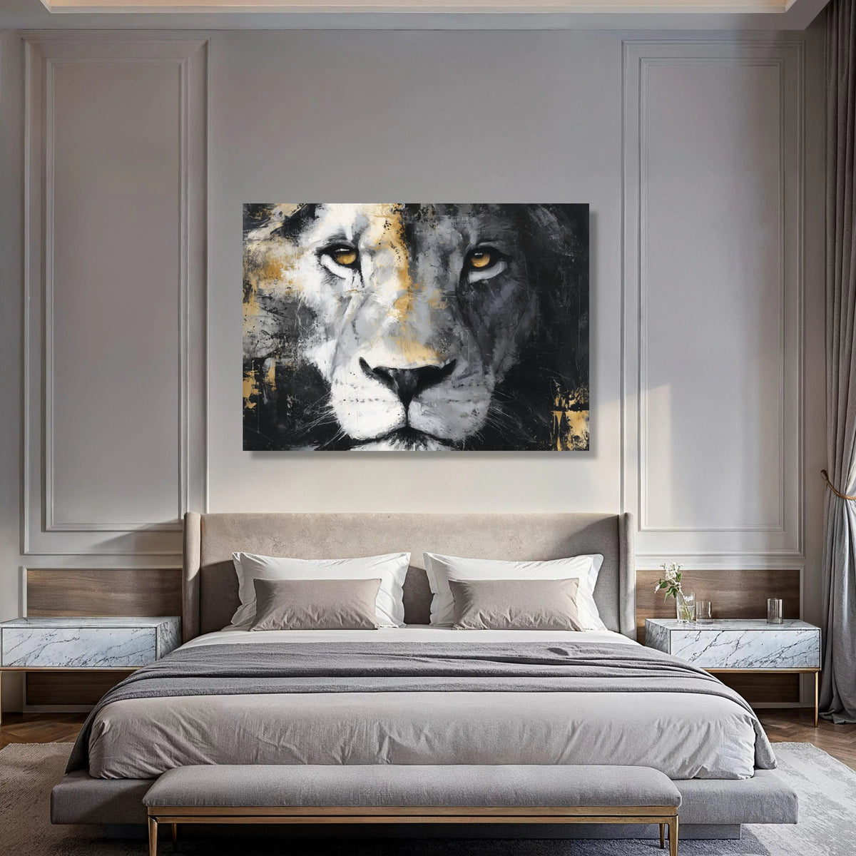 Majestic Lion Portrait Canvas, Bold Animal Face Wall Art, Black Gold White Decor, Fierce Wildlife Canvas, Modern Home Decoration Print Art