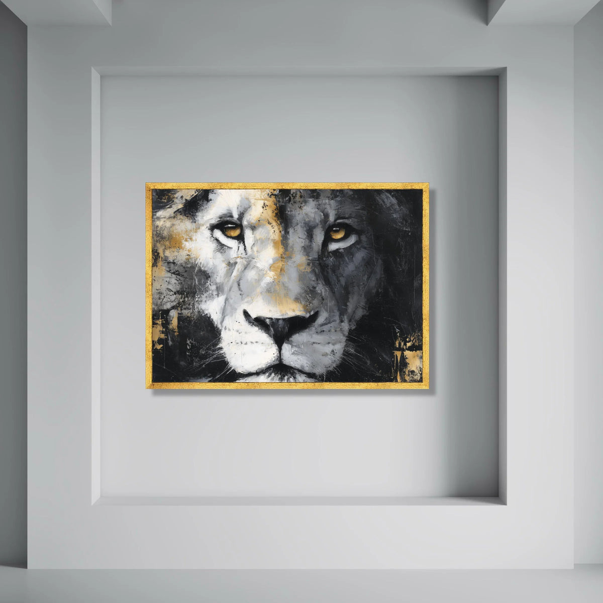 Majestic Lion Portrait Canvas, Bold Animal Face Wall Art, Black Gold White Decor, Fierce Wildlife Canvas, Modern Home Decoration Print Art