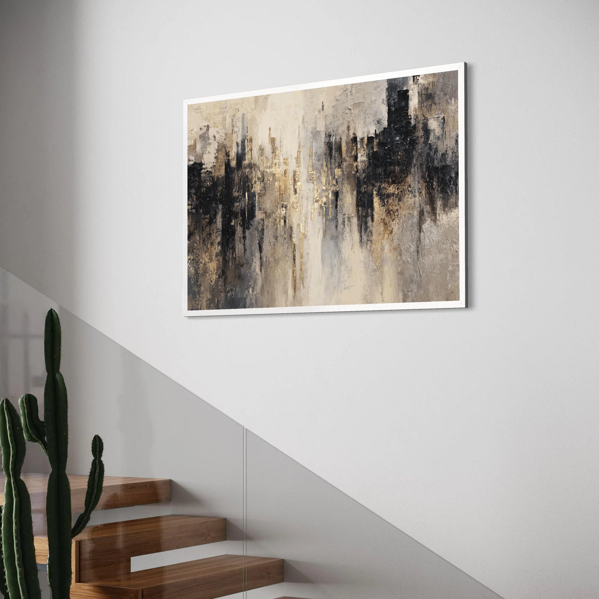 Modern Abstract Cityscape Canvas Wall Art, Urban Skyline Painting, Neutral Color Decor, Gold Accent Canvas, Contemporary Home Print Art