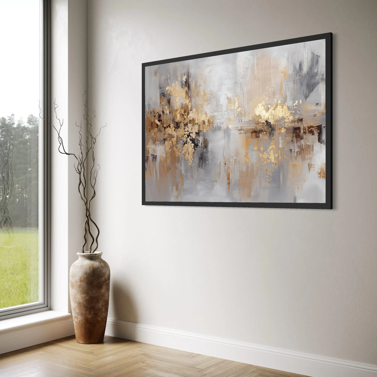 Modern Abstract Gold and Gray Canvas, Metallic Accent Wall Art, Contemporary Home Decor, Large Canvas Painting, Elegant Living Print Art