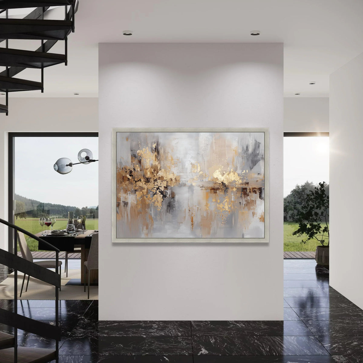 Modern Abstract Gold and Gray Canvas, Metallic Accent Wall Art, Contemporary Home Decor, Large Canvas Painting, Elegant Living Print Art