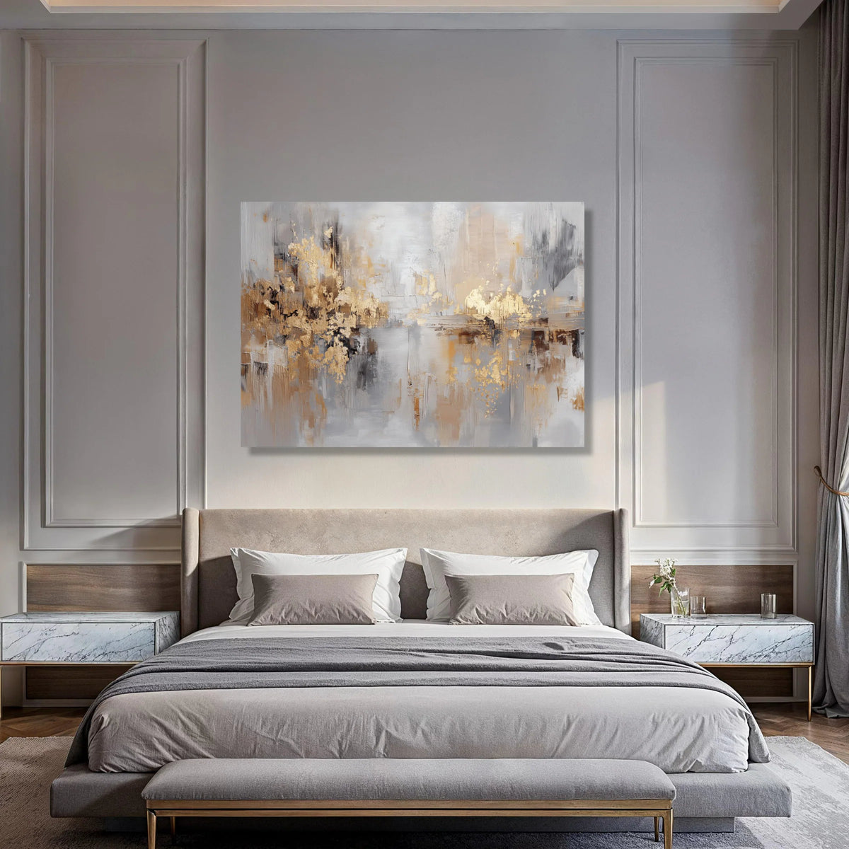 Modern Abstract Gold and Gray Canvas, Metallic Accent Wall Art, Contemporary Home Decor, Large Canvas Painting, Elegant Living Print Art