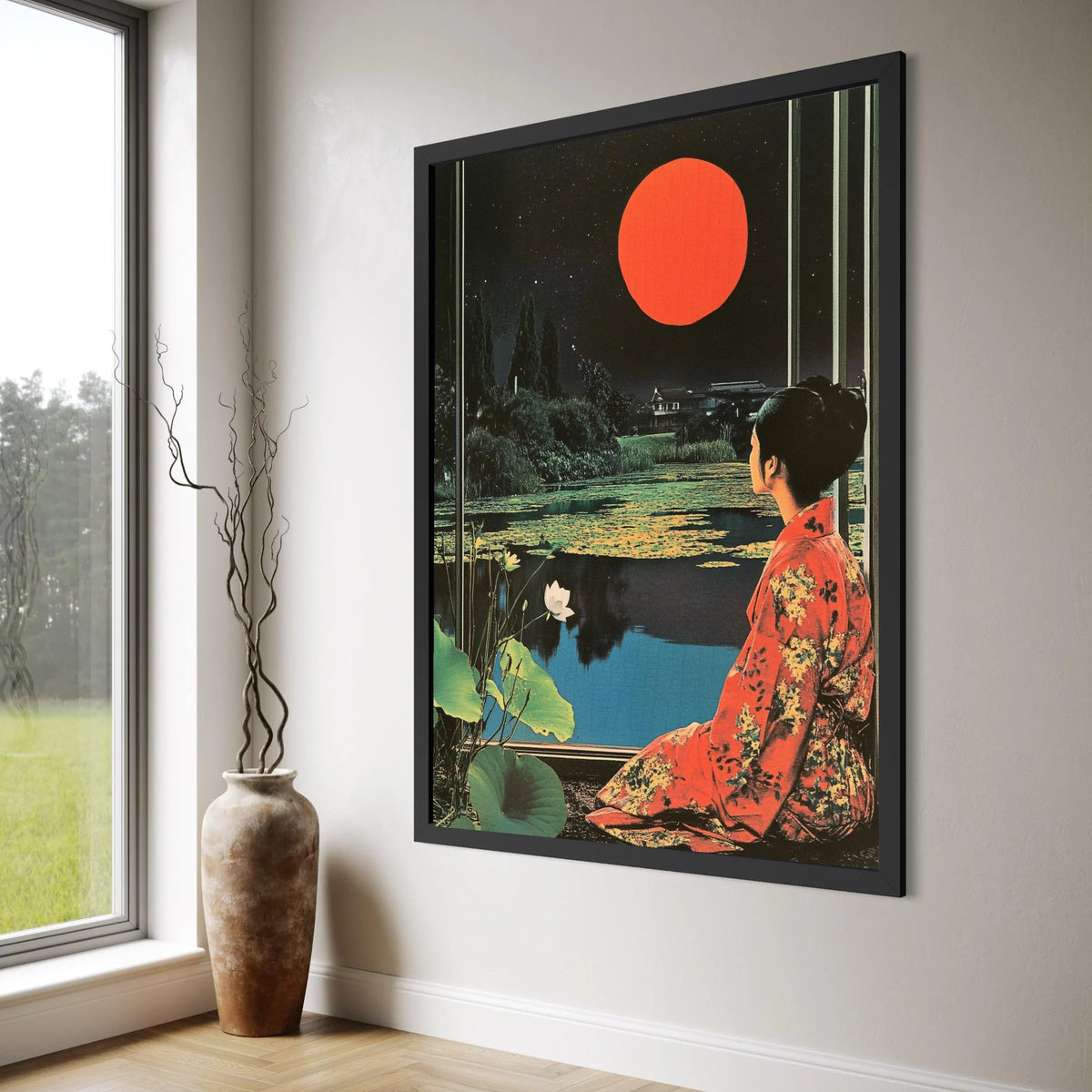 Serene Japanese Garden at Night Canvas, Woman Kimono Wall Art, Red Moon Landscape Canvas, Floral Water Lilies Decoration Print Art