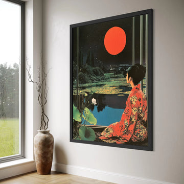 Serene Japanese Garden at Night Canvas, Woman Kimono Wall Art, Red Moon Landscape Canvas, Floral Water Lilies Decoration Print Art