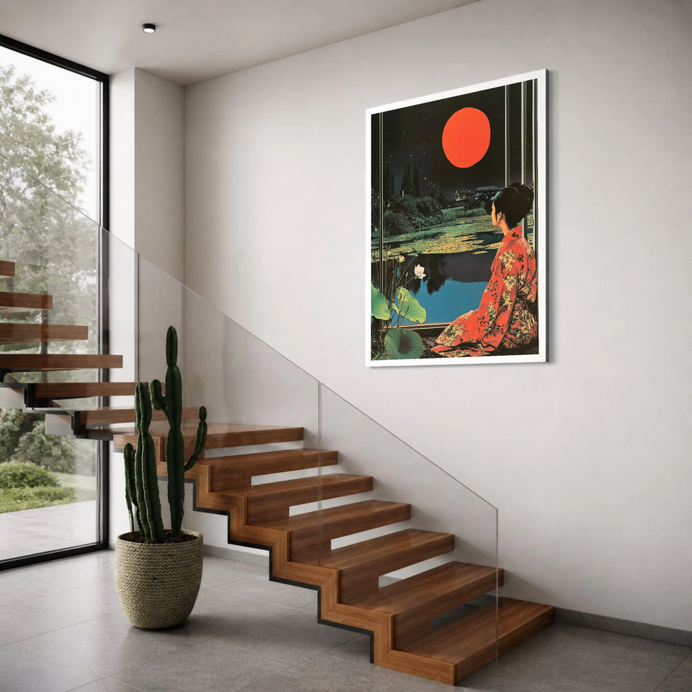 Serene Japanese Garden at Night Canvas, Woman Kimono Wall Art, Red Moon Landscape Canvas, Floral Water Lilies Decoration Print Art