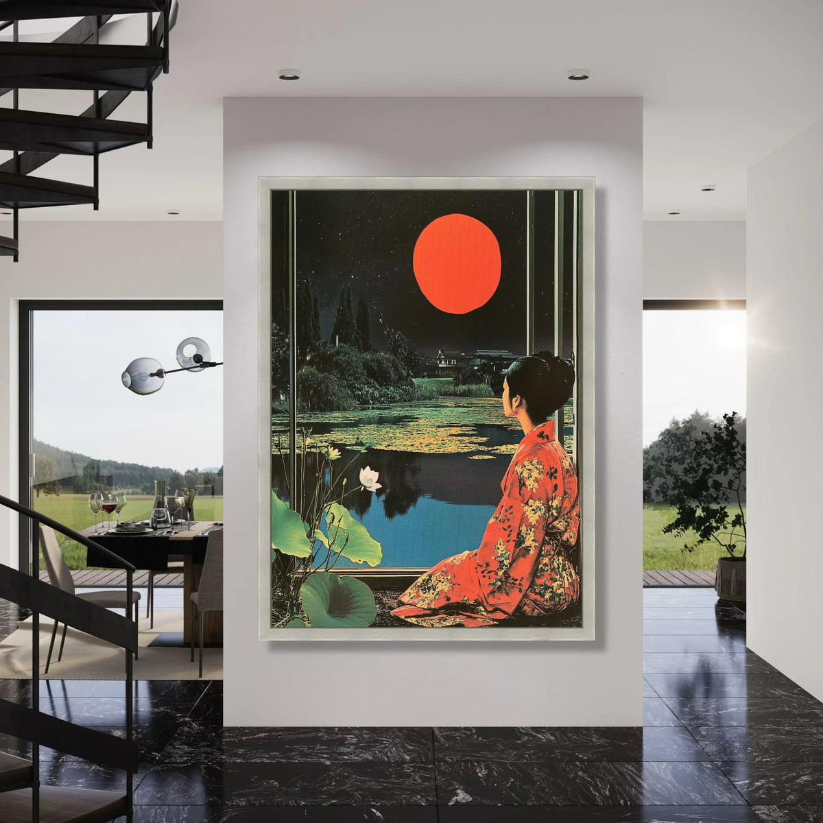 Serene Japanese Garden at Night Canvas, Woman Kimono Wall Art, Red Moon Landscape Canvas, Floral Water Lilies Decoration Print Art