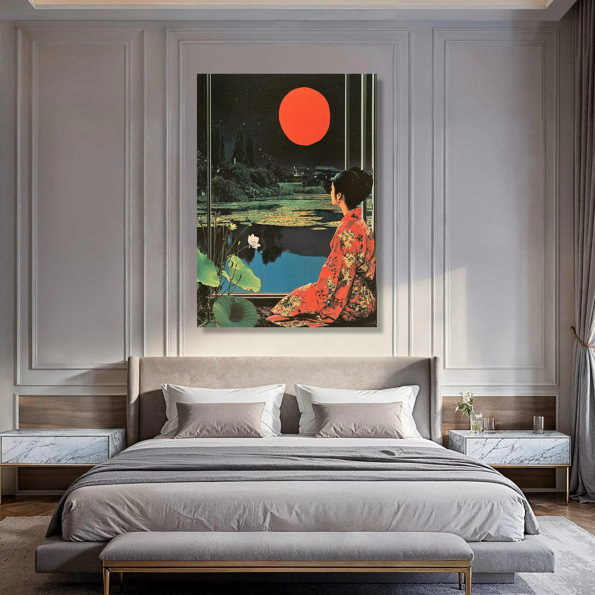 Serene Japanese Garden at Night Canvas, Woman Kimono Wall Art, Red Moon Landscape Canvas, Floral Water Lilies Decoration Print Art