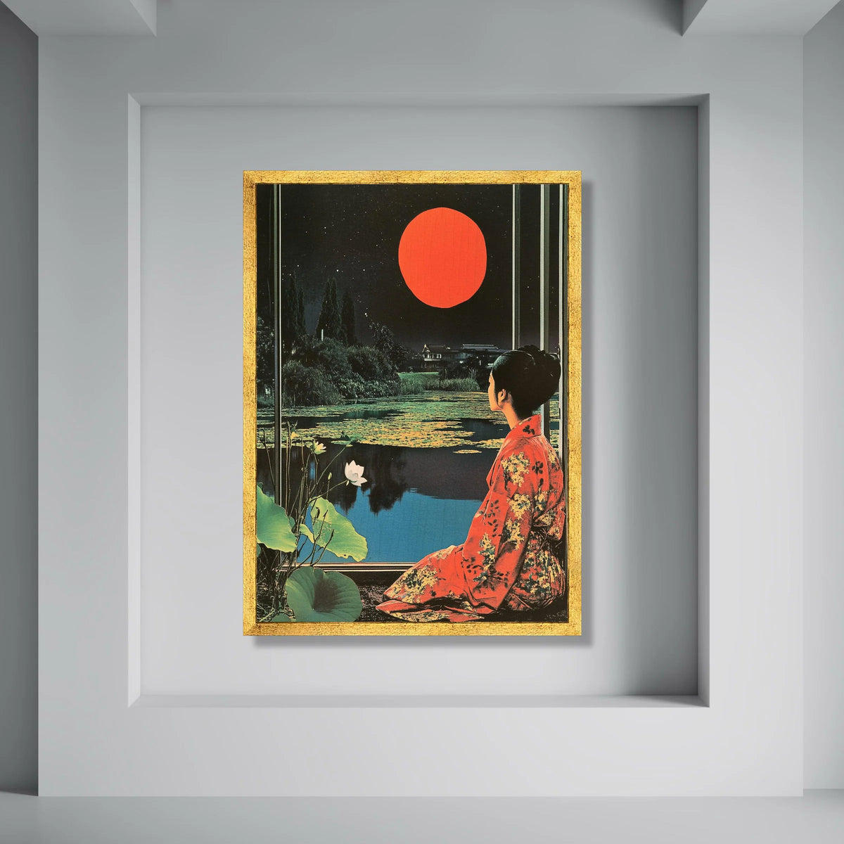 Serene Japanese Garden at Night Canvas, Woman Kimono Wall Art, Red Moon Landscape Canvas, Floral Water Lilies Decoration Print Art