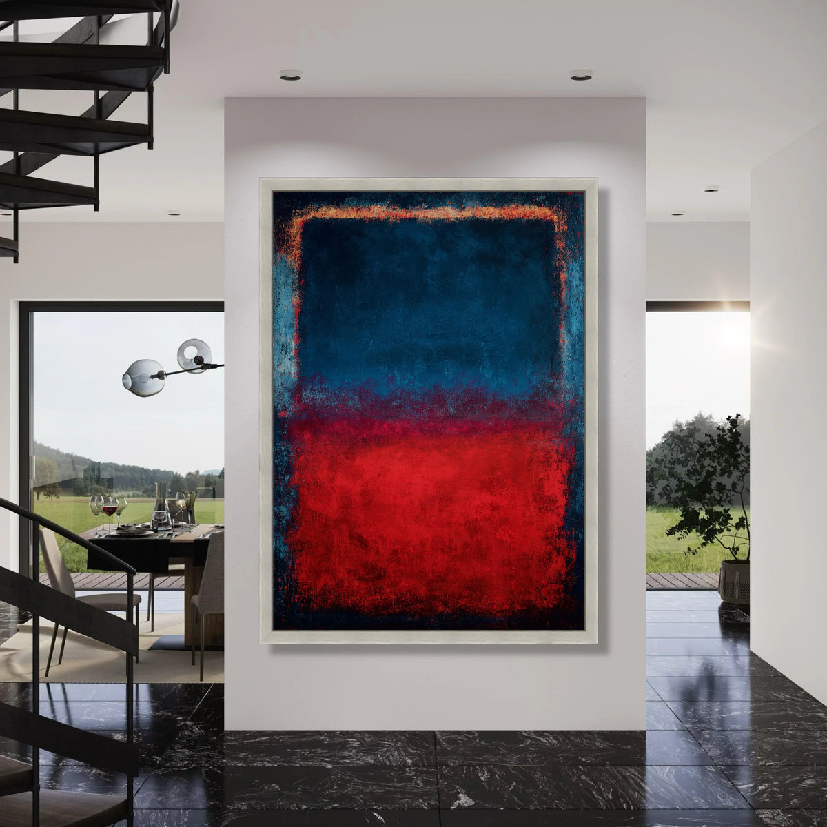 Abstract Color Block Canvas, Dark Blue and Red Wall Art, Modern Home Decoration, Contemporary Minimalist Canvas, Vibrant Living Print Art
