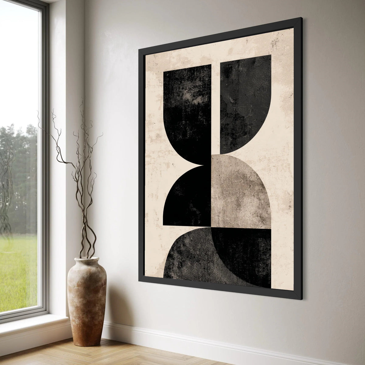 Modern Geometric Shapes Canvas, Minimalist Abstract Wall Art, Black and Beige Canvas, Contemporary Home Decoration, Stylish Art Print Art